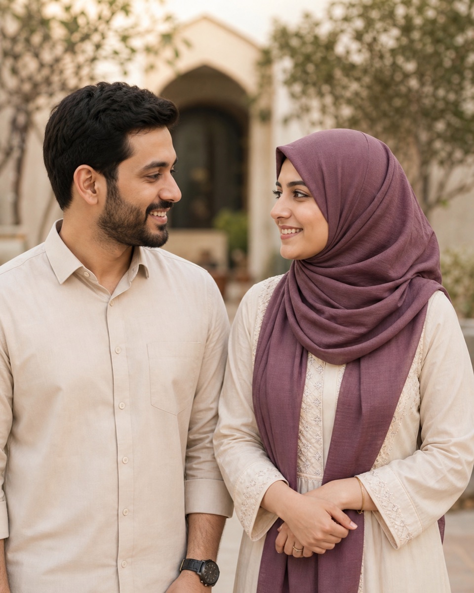 A Muslim couple smiling warmly at one another